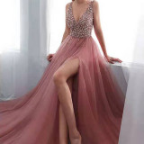 Solid color embroidered beaded sexy V-neck dress