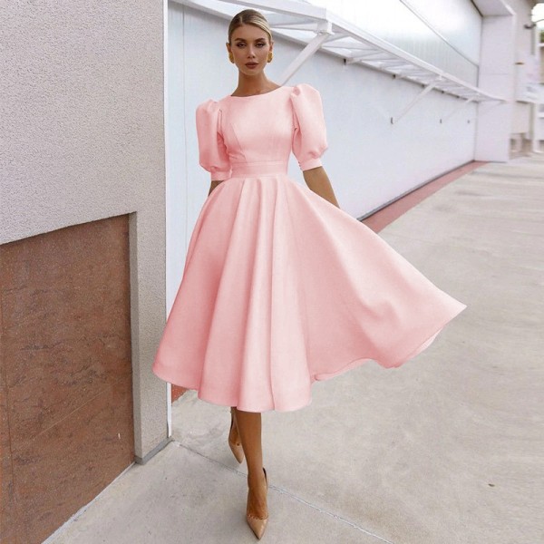 Solid color slim women's dress sexy temperament big swing short sleeve skirt