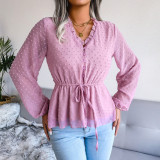 Lantern long-sleeved ruffle lace up waistband polka dot chiffon shirt