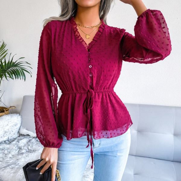 Lantern long-sleeved ruffle lace up waistband polka dot chiffon shirt