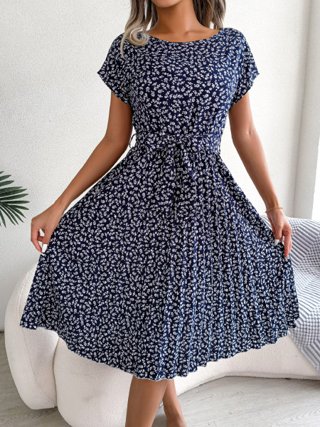 Casual short-sleeved floral pleated skirt