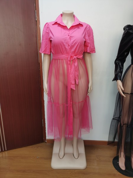 Women's solid color shirt mesh large size top dress