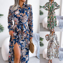 Vintage flower lapel lace up shirt skirt