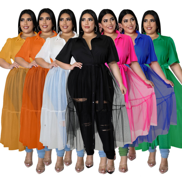 Women's solid color shirt mesh large size top dress