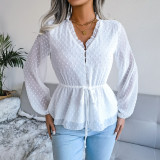 Lantern long-sleeved ruffle lace up waistband polka dot chiffon shirt