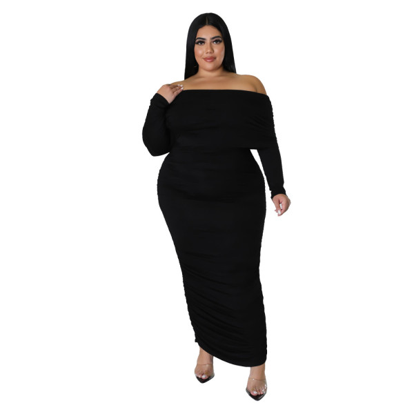 Large Women's Dress Off Shoulder Tight Pleated Long Sleeve Fat Women's Dress
