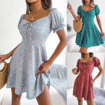 Flare sleeve drawstring lace-up floral hem dress