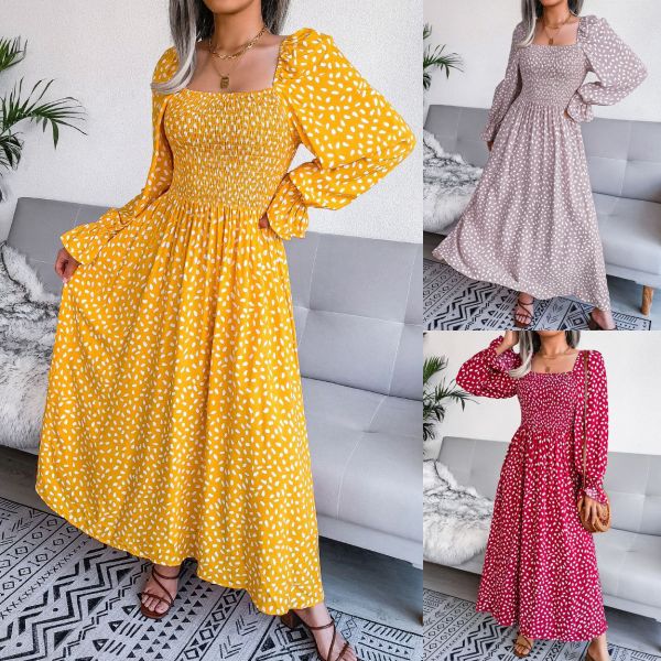 Square neck long sleeve holiday rayon dress pleated long skirt