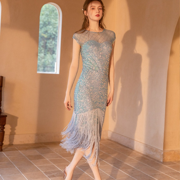 Fashionable banquet evening dress night before and after tassels