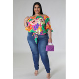 Casual loose one-line collar fat woman print top