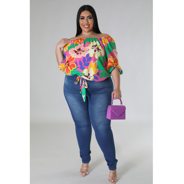 Casual loose one-line collar fat woman print top