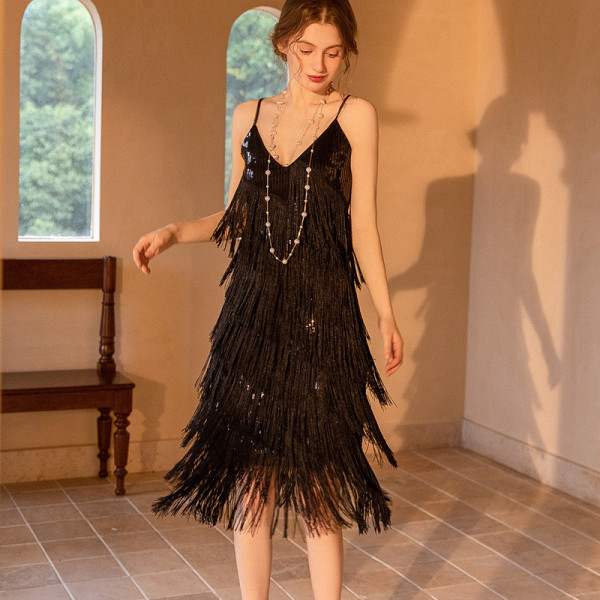 Evening Party Wedding Bridesmaid Dresses Through Sexy Nightclub Black Sequins Fringe Dress Slings