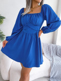 Casual solid color agaric hem square neck waist large swing dress