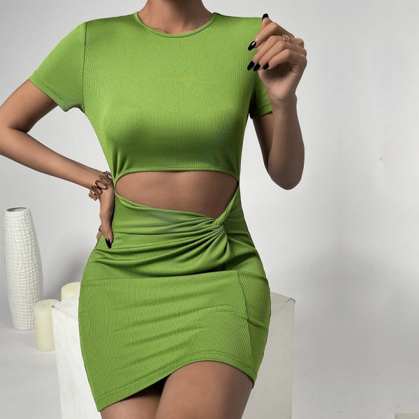 Sexy hollow buttock knit ins net red short-sleeved dress