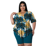 Large women's printed two-piece T-shirt shorts set