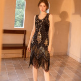 Ancient sequin dress tassel front and back deep V-neck dress fashion beaded banquet evening dress