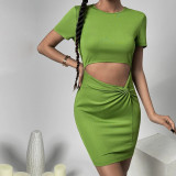Sexy hollow buttock knit ins net red short-sleeved dress