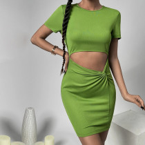 Sexy hollow buttock knit ins net red short-sleeved dress