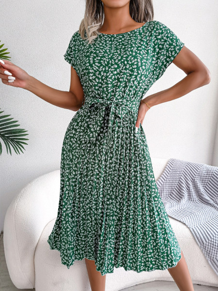 Casual short-sleeved floral pleated skirt