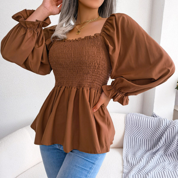 Casual wooden ear edge square neck long-sleeved chiffon shirt
