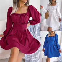 Casual solid color agaric hem square neck waist large swing dress