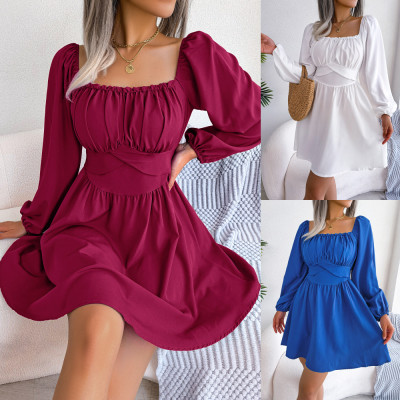 Casual solid color agaric hem square neck waist large swing dress