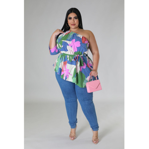 Casual loose sloping shoulder asymmetrical fat woman print top