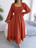 Casual square neck flared skirt with large hem ruffle skirt