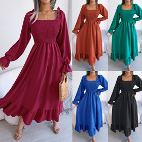 Casual square neck flared skirt with large hem ruffle skirt