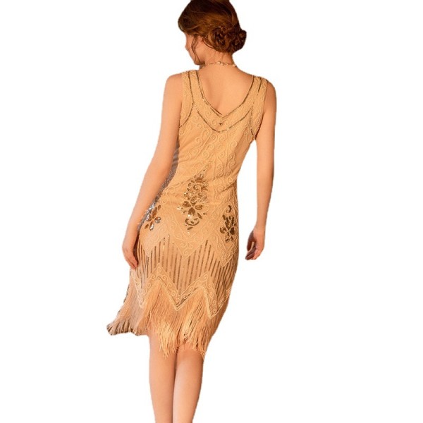 Ancient sequin dress tassel front and back deep V-neck dress fashion beaded banquet evening dress