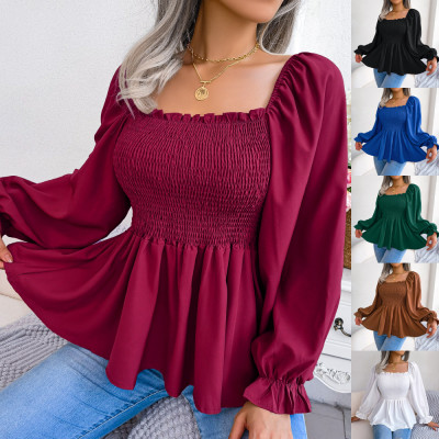 Casual wooden ear edge square neck long-sleeved chiffon shirt