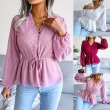 Lantern long-sleeved ruffle lace up waistband polka dot chiffon shirt