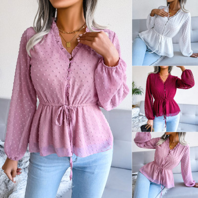 Lantern long-sleeved ruffle lace up waistband polka dot chiffon shirt