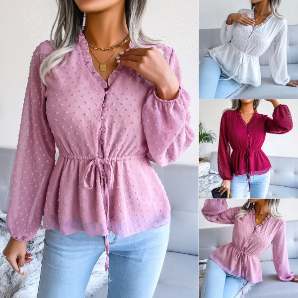 Lantern long-sleeved ruffle lace up waistband polka dot chiffon shirt