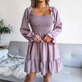 Square-neck flared long-sleeved ruffle hem dress