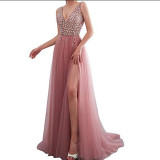 Solid color embroidered beaded sexy V-neck dress