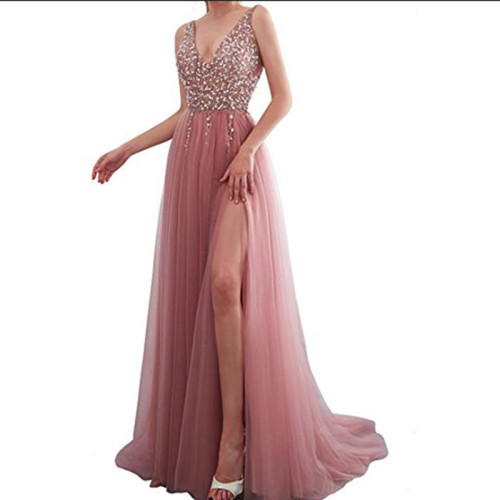 Solid color embroidered beaded sexy V-neck dress