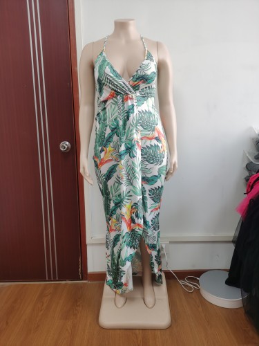 Large women's V-neck sleeveless printed dress