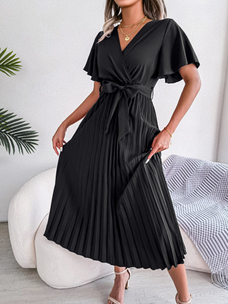 Temperament crossover V-neck large pleated skirt