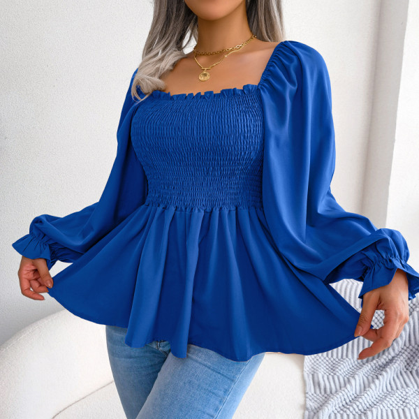 Casual wooden ear edge square neck long-sleeved chiffon shirt