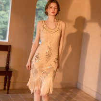 Ancient sequin dress tassel front and back deep V-neck dress fashion beaded banquet evening dress