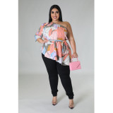 Casual loose sloping shoulder asymmetrical fat woman print top