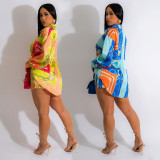 Fashion women's color contrast lapel shirt long-sleeved shorts two-piece set