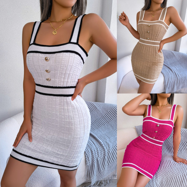 Casual square-neck button color-blocking waistband knitted buttock skirt