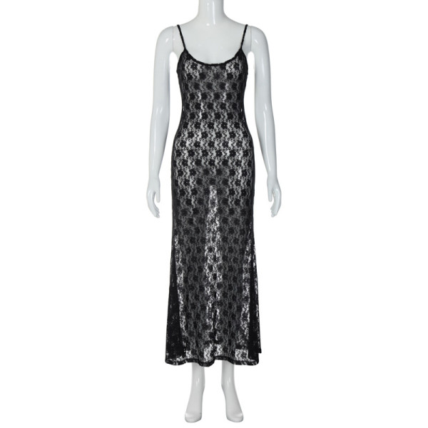 Mesh sling perspective small plum blossom backless sexy temperament dress