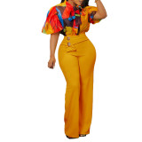 Printed standing collar long sleeve shirt top wide leg pants fashion suit