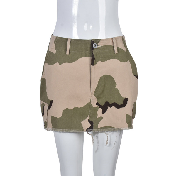 Camouflage zip pocket fringed street skirt