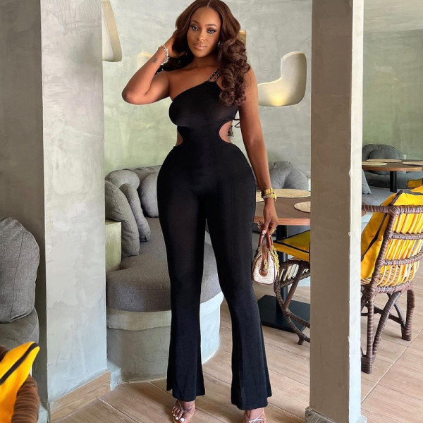 One-shoulder chain hollowed-out jumpsuit with slight flared tight-fitting all-in-one pants with hip lifting, wide back, jumpsuit and leggings