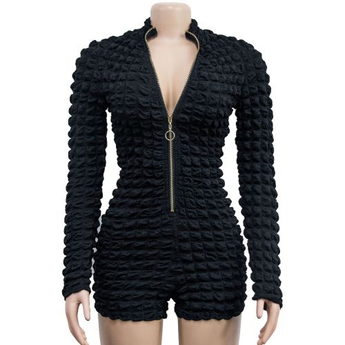 Fashion women's solid color long-sleeved fake outerwear shorts jumpsuit