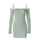 Solid color off shoulder long sleeve tight buttock sexy street dress